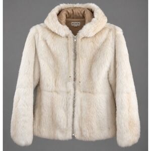 Vintage Real Dyed Rabbit Fur Jacket Coat Hooded Full Zip Cream Beige Size M
